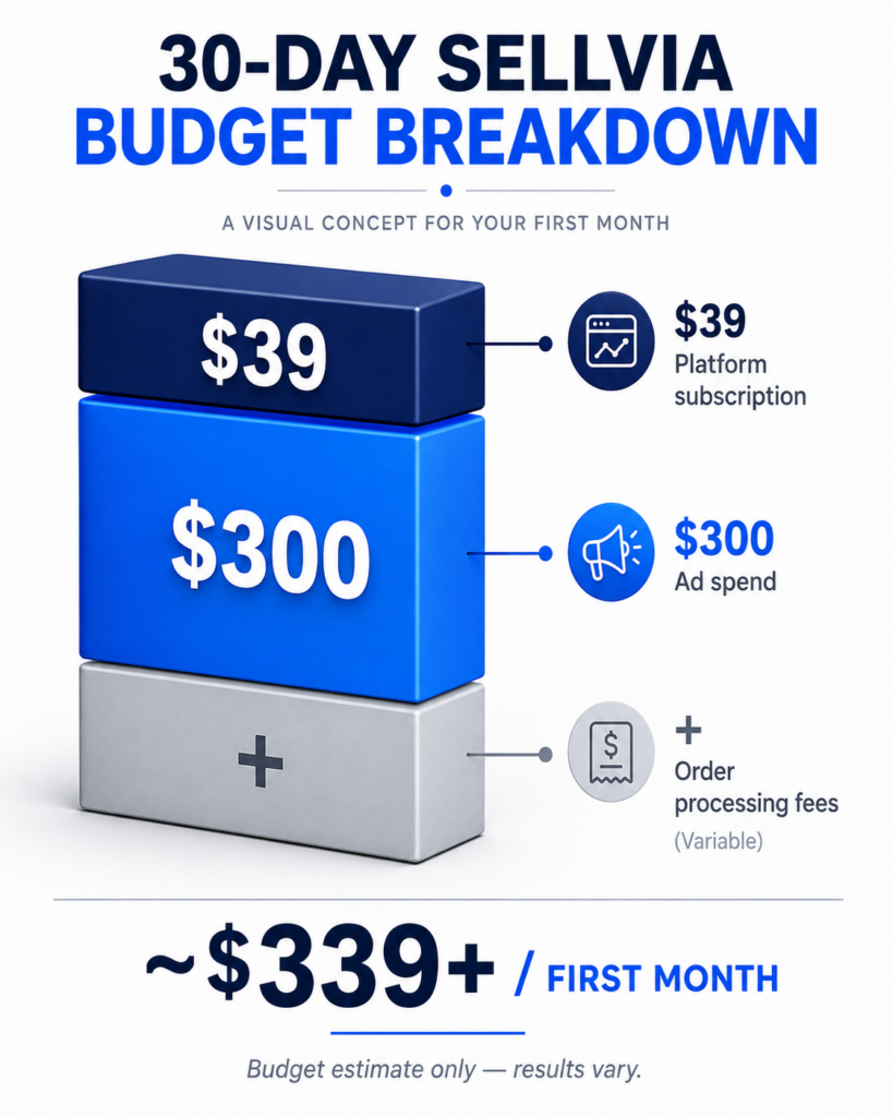 Sellvia 30-day startup budget breakdown showing subscription, ad spend, and order processing cost estimates
