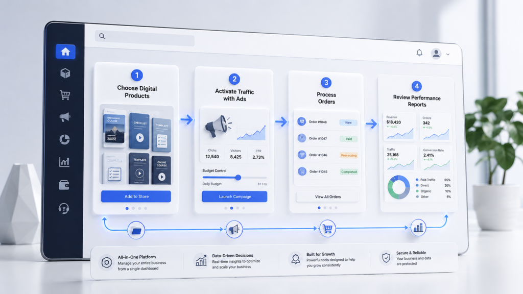 Sellvia dashboard workflow showing digital catalog, ads, orders, and reports for beginners