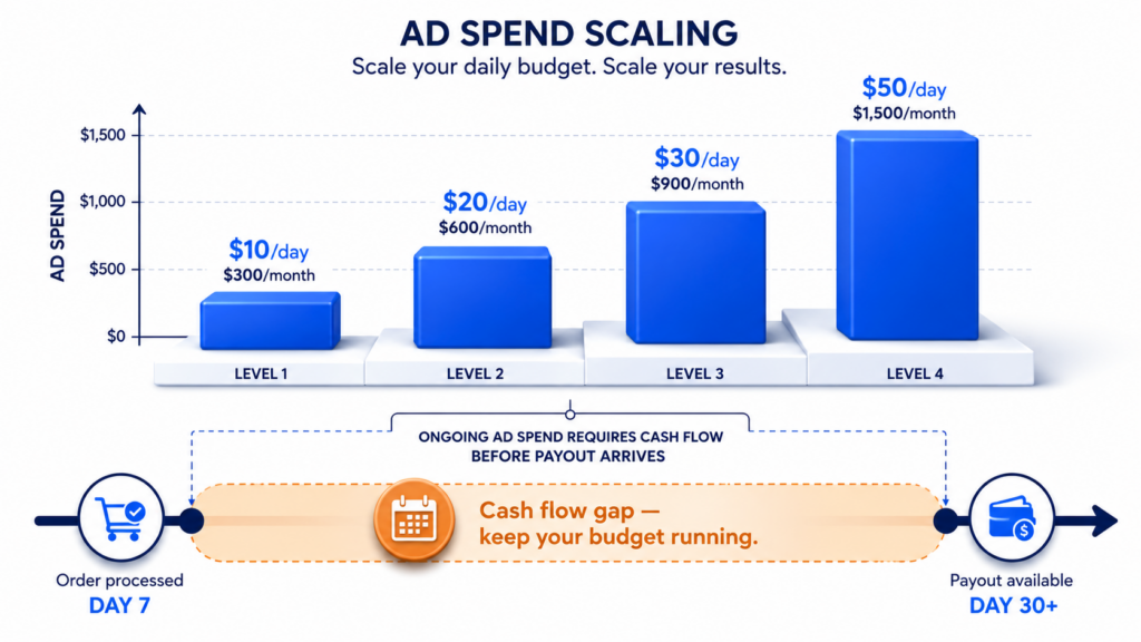 Sellvia Ads monthly cost chart showing how daily ad budget multiplies into total monthly advertising spend