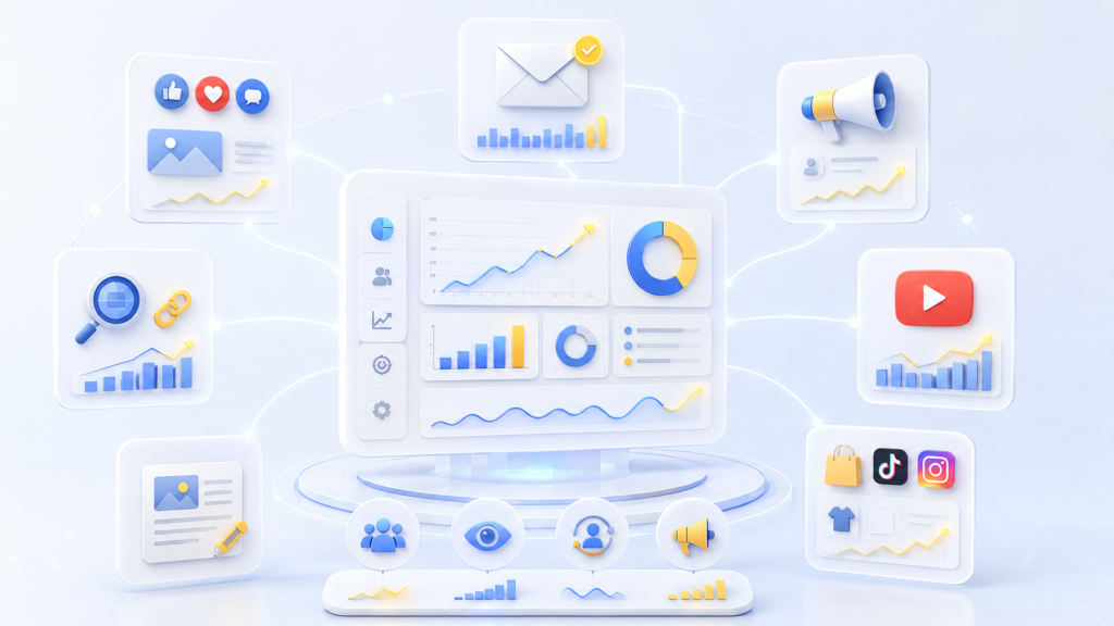 Sellvia marketing tools map showing email, social media, SEO, blog, paid ads, YouTube, and social store channels