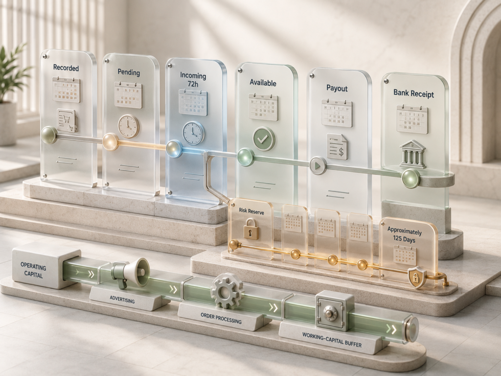 Sellvia payout timeline from recorded commission through Available balance and Risk Reserve