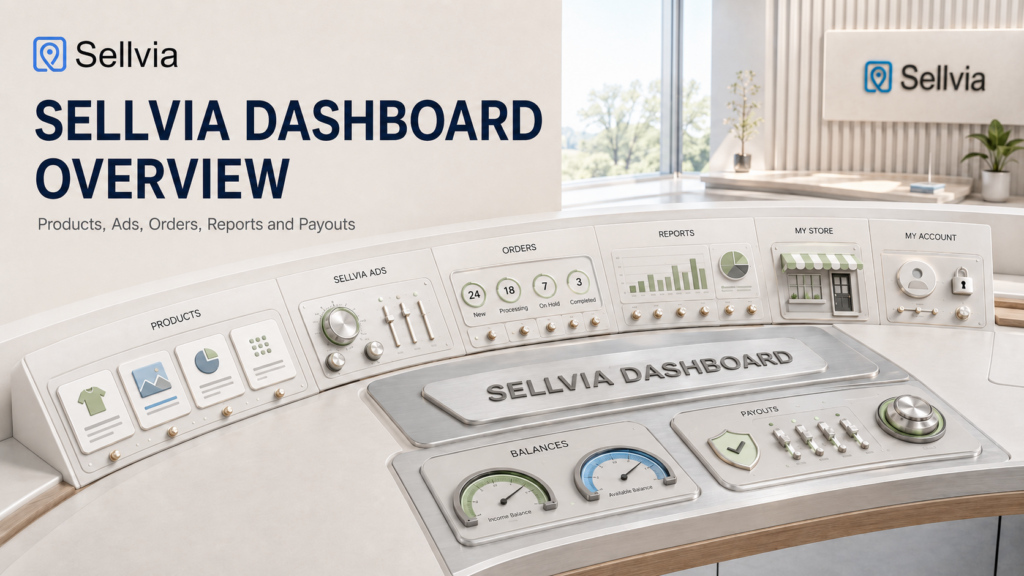 Sellvia Dashboard overview covering products, advertising, orders, reports, balances, and payouts