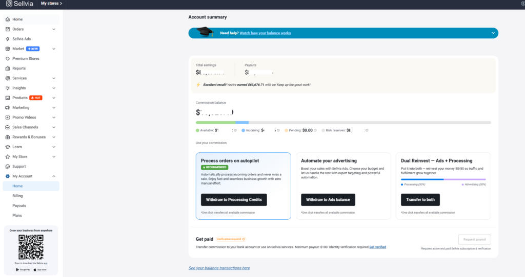 Sellvia dashboard showing Total Earnings Payouts and Commission Balance