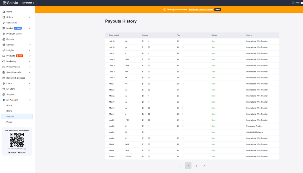 Sellvia payout and balance options in My Account