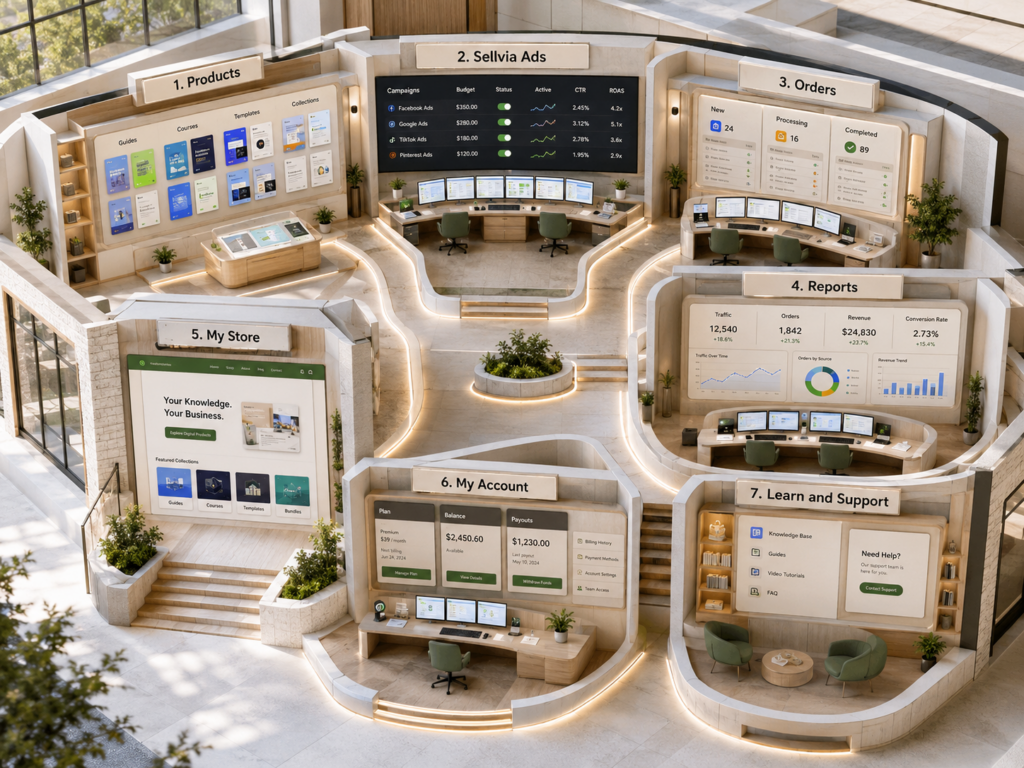Sellvia Dashboard architecture connecting products, ads, orders, reports, account management, and payouts
