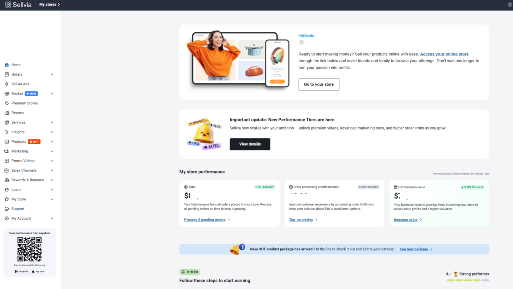 Sellvia dashboard overview showing products, orders, promotions, reports, and account balances
