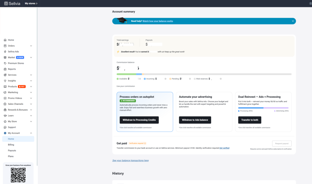 Sellvia balance showing Pending, Incoming, Available funds, and Risk Reserve