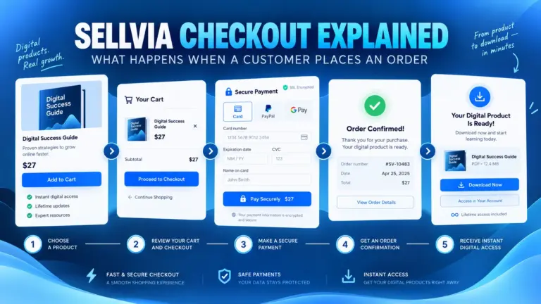 Sellvia checkout explained from digital product selection through secure payment, order confirmation, and instant digital access