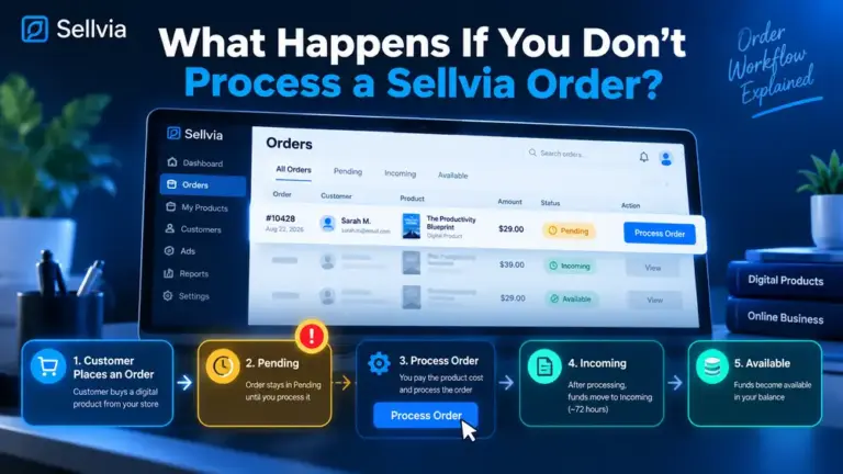 Sellvia order workflow showing Pending, Process Order, Incoming and Available stages