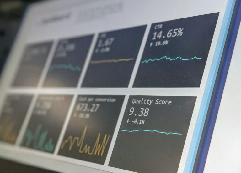 Analytics dashboard on a laptop illustrating Sellvia Ads campaign controls and performance data